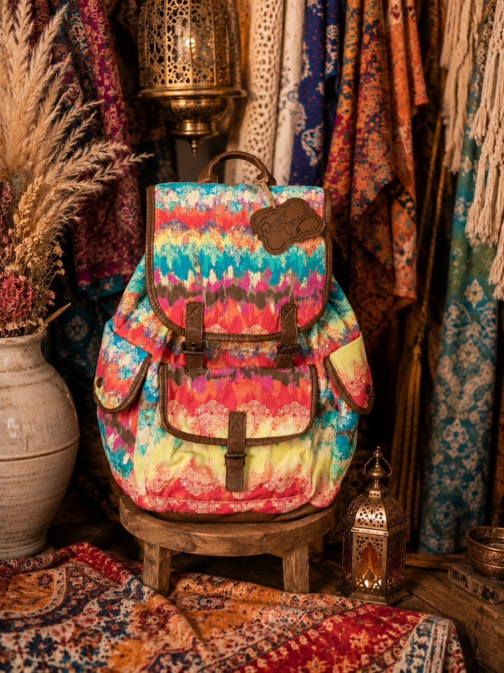 Ranch Dressn Boho Multi-Color Watercolor Tie Dye Canvas Backpack Satchel Bag